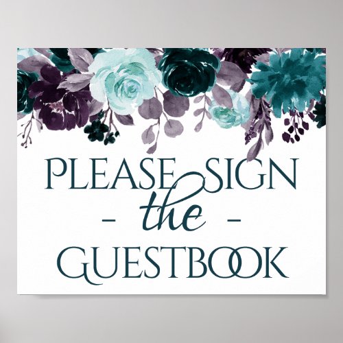 Moody Boho  Teal and Purple Roses Guestbook Sign