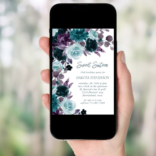 Moody Boho | Teal and Purple Roses Sweet Sixteen Invitation (Front Digital)