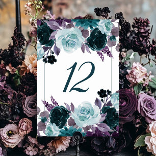 Moody Boho Teal and Turquoise Floral Garland Table Number
