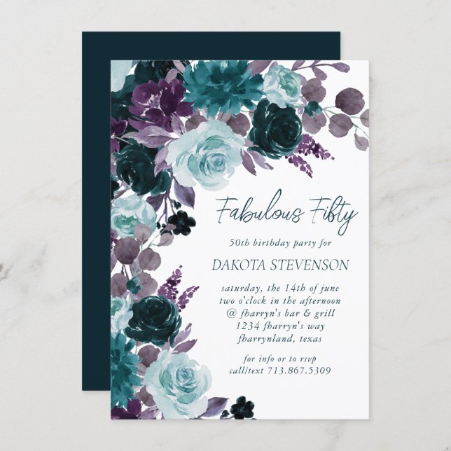 Moody Boho | Teal and Turquoise Wreath Fabulous 50 Invitation (Front/Back)