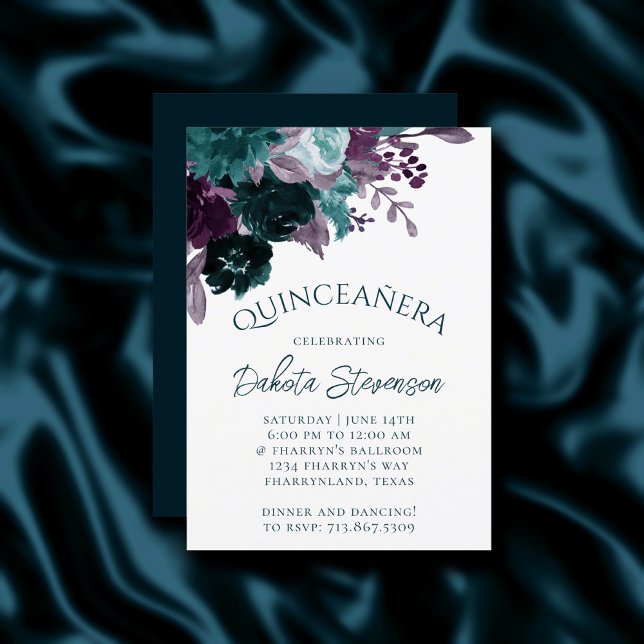 Moody Boho | Teal Dark Floral Bouquet Quinceanera Invitation (Creator Uploaded)