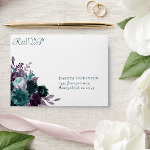 Moody Boho Teal Dark Floral Bouquet RSVP Address Envelope