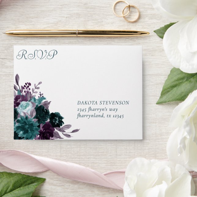 Moody Boho | Teal Dark Floral Bouquet RSVP Address Envelope (Wedding)