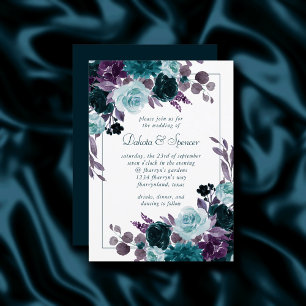 Moody Boho Teal Dark Floral Silver Frame Wedding Invitation