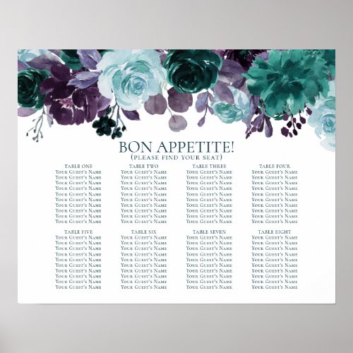 Moody Boho  Teal Floral Bouquets Seating Chart
