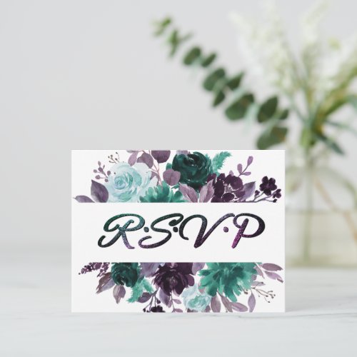 Moody Boho  Teal Floral Garland Frame Entree RSVP Postcard