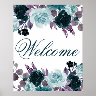 Moody Boho Teal Floral Garland Party Welcome Poster