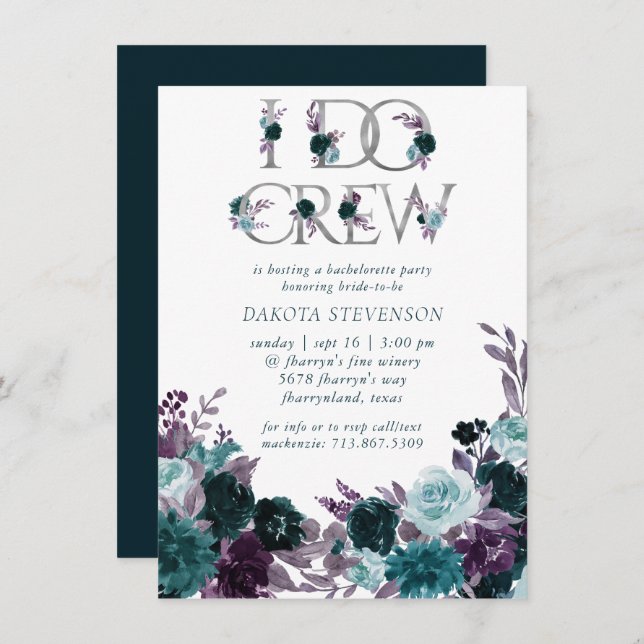 Moody Boho | Teal Floral I Do Crew Bridal Shower Invitation (Front/Back)