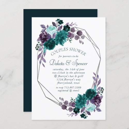 Moody Boho  Teal Floral Silver Frame Baby Shower Invitation