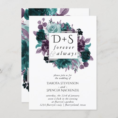 Moody Boho  Teal Floral Wreath Monogram Wedding Invitation