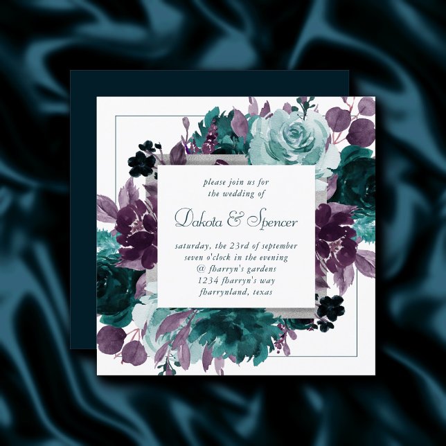 Moody Boho | Teal Square Floral Wreath Wedding Invitation (Creator Uploaded)