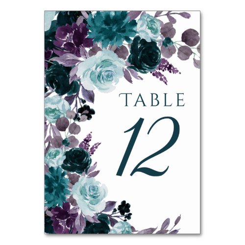 Moody Boho  Teal Turquoise and Purple Floral Table Number