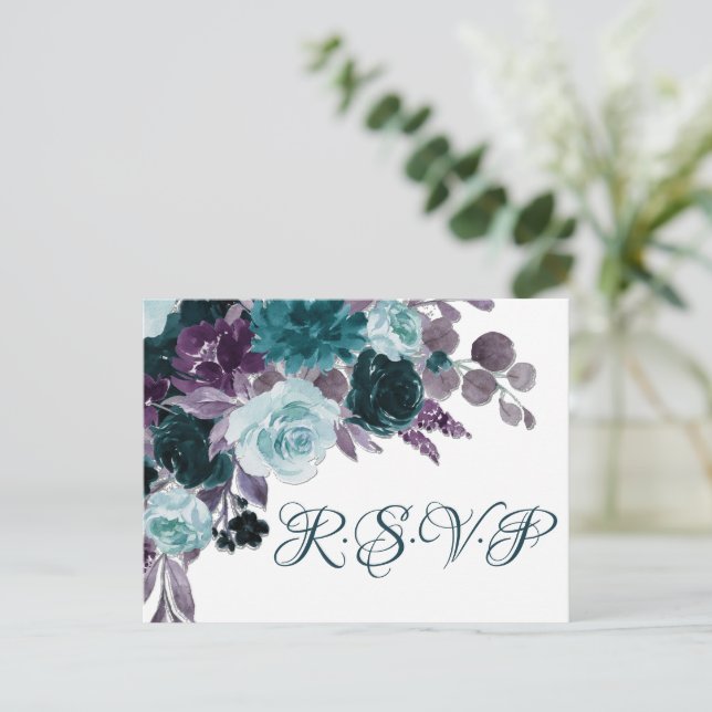 Moody Boho | Teal Turquoise Dark Floral Entree Postcard (Standing Front)