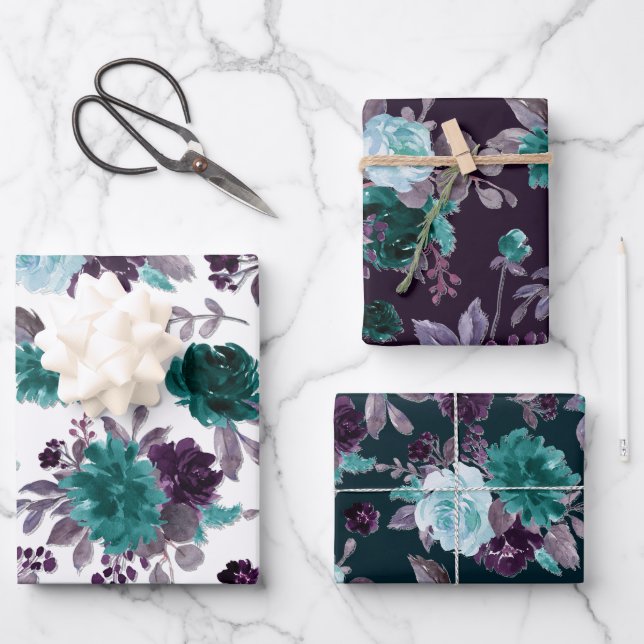 Moody Boho | Teal Turquoise Dark Floral Pattern Wrapping Paper Sheets (Front)