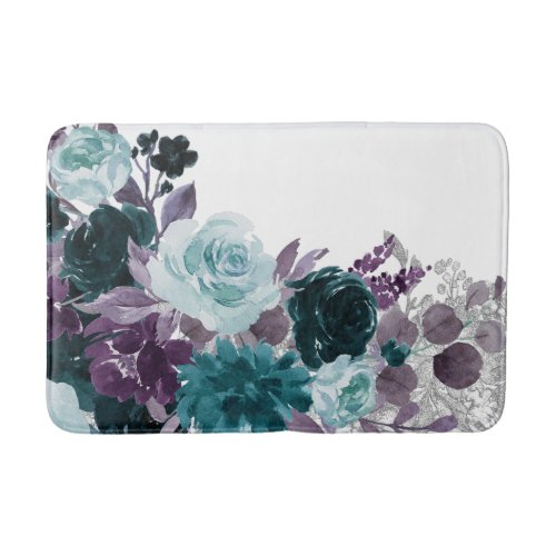 Moody Boho  Teal Turquoise Dark Floral Shimmer Bath Mat