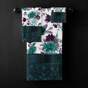 Moody Boho   Teal Turquoise Dark Floral Shimmer Bath Towel Set