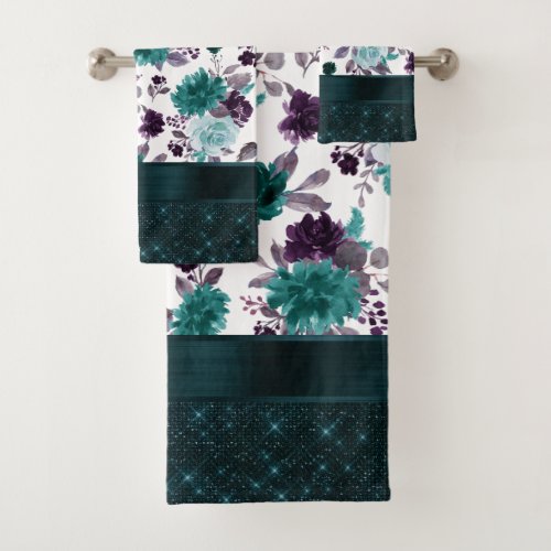Moody Boho  Teal Turquoise Dark Floral Shimmer Bath Towel Set