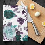 Moody Boho | Teal Turquoise Dark Floral Shimmer Kitchen Towel<br><div class="desc">Dark and moody gothic-inspired hand-painted theme featuring a deep turquoise blue, teal, and plum purple watercolor floral bouquet embellished by botanical laurel and turquoise teal accents. From the "Boho Bloom" collection, this layout incorporates a rich Bohemian wildflower bouquet with radiant flower blooms and eucalyptus greenery foliage. For other colors, styles,...</div>
