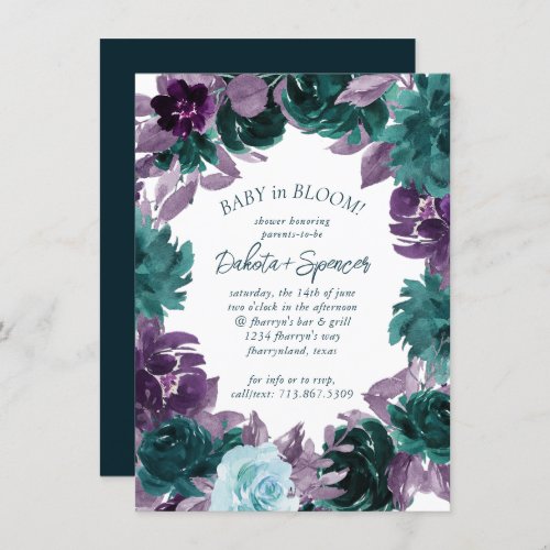 Moody Boho  Teal Turquoise Dark Floral Shower Invitation