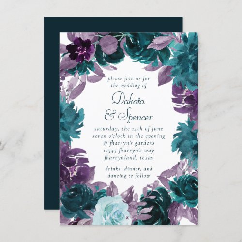 Moody Boho  Teal Turquoise Dark Floral Wedding Invitation