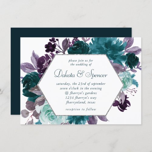 Moody Boho  Teal Turquoise Dark Floral Wedding Invitation