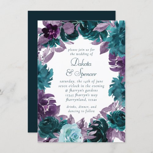Moody Boho  Teal Turquoise Dark Floral Wedding Invitation