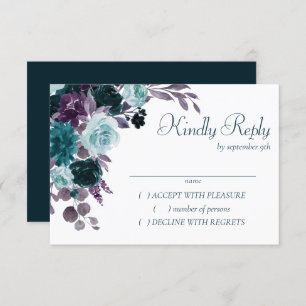 Moody Boho Teal Turquoise Dark Floral Wedding RSVP Card
