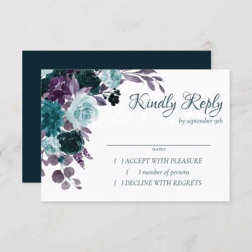 Moody Boho  Teal Turquoise Dark Floral Wedding RSVP Card