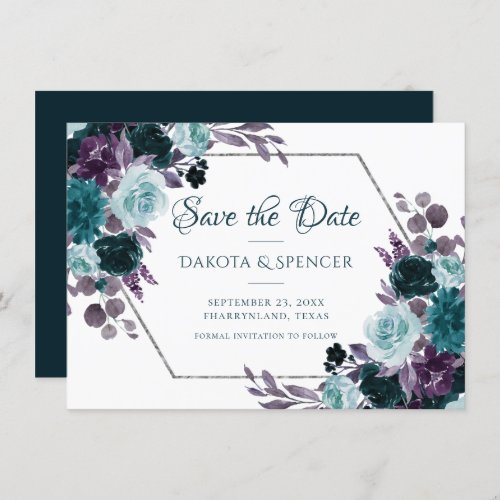 Moody Boho  Teal Turquoise Dark Floral Wedding Save The Date