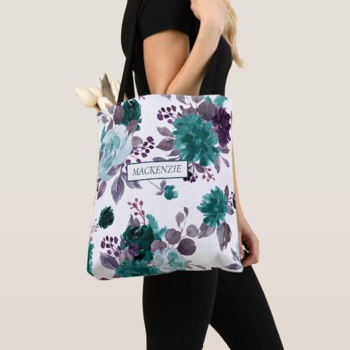 Moody Boho  Teal Turquoise Floral Bridal Party Tote Bag