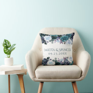 Moody Boho   Teal Turquoise Floral Garland Wedding Throw Pillow