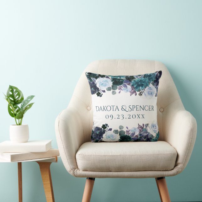 Moody Boho | Teal Turquoise Floral Garland Wedding Throw Pillow (Chair)
