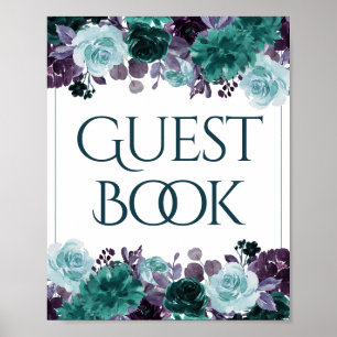 Moody Boho   Teal Turquoise Floral Guest Sign-In Poster