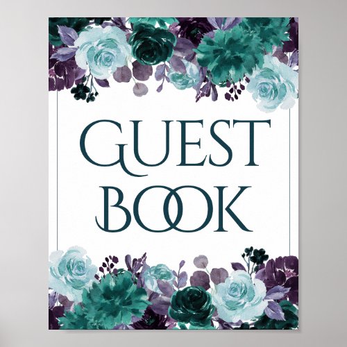Moody Boho  Teal Turquoise Floral Guestbook Sign