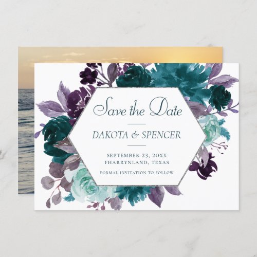 Moody Boho  Teal Turquoise Purple Bouquet Frame Save The Date