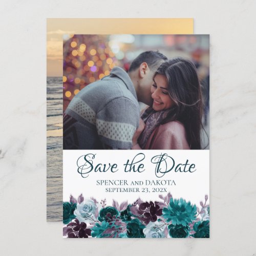 Moody Boho  Teal Turquoise Purple Floral 2 Photo Save The Date