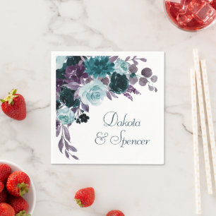 Moody Boho   Teal Turquoise Purple Floral Bouquet Napkins
