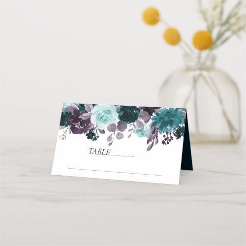 Moody Boho  Teal Turquoise Purple Floral Garland Place Card