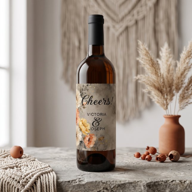 Moody Boho Terracotta Floral Gold Splatter Wedding Wine Label (Creator Uploaded)