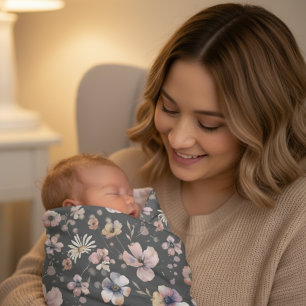 Moody Boho Watercolor Blush Wildflowers Pattern Baby Blanket