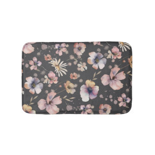 Moody Boho Watercolor Blush Wildflowers Pattern Bath Mat