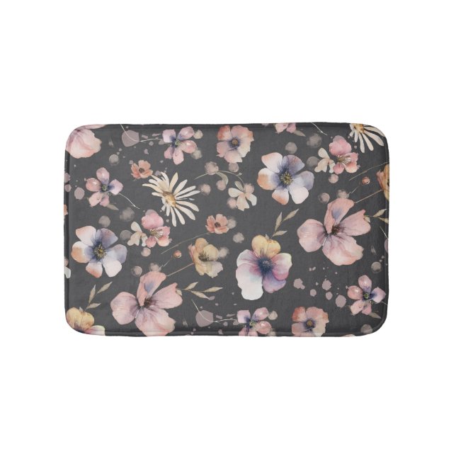 Moody Boho Watercolor Blush Wildflowers Pattern  Bath Mat (Front)