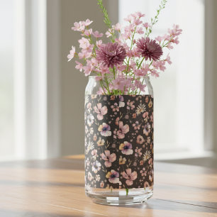 Moody Boho Watercolor Blush Wildflowers Pattern  Can Glass