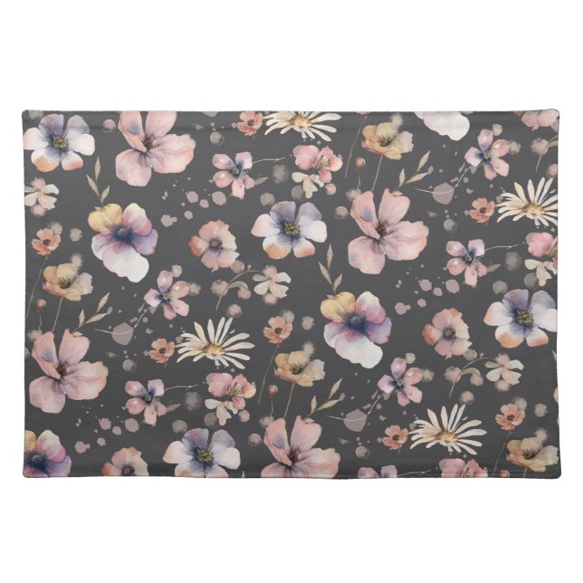 Moody Boho Watercolor Blush Wildflowers Pattern  Cloth Placemat (Front)