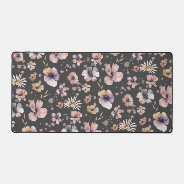 Moody Boho Watercolor Blush Wildflowers Pattern  Desk Mat (Front)