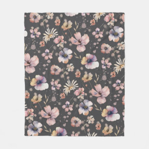 Moody Boho Watercolor Blush Wildflowers Pattern Fleece Blanket