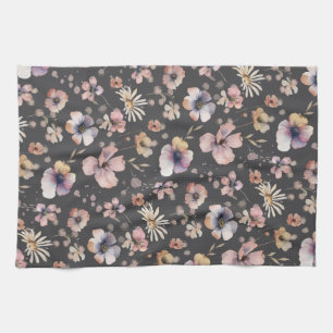 Moody Boho Watercolor Blush Wildflowers Pattern  Kitchen Towel