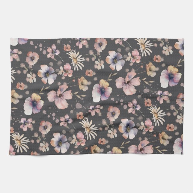 Moody Boho Watercolor Blush Wildflowers Pattern  Kitchen Towel (Horizontal)