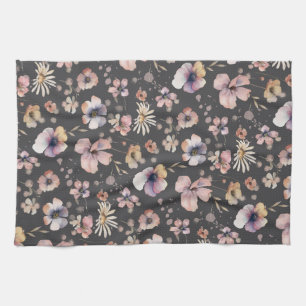 Moody Boho Watercolor Blush Wildflowers Pattern  Kitchen Towel