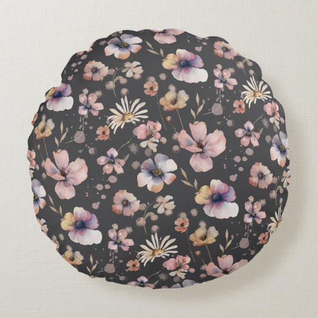Moody Boho Watercolor Blush Wildflowers Pattern  Round Pillow (Front)